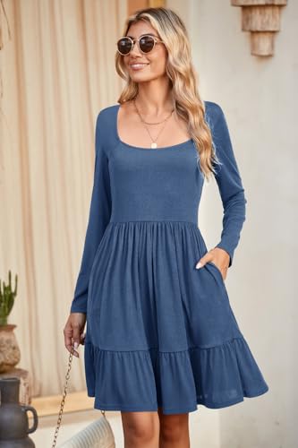 Image of Newshows Women's 2026 Summer Casual Square Neck Ruffle A Line Beach Vacation Sundress Work Business Dress with Pockets