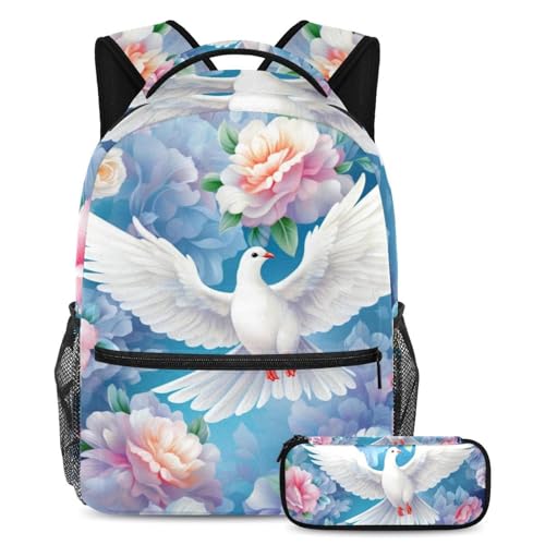 Cartable à motif fleurs esthétiques avec colombe Dove 49, grand sac à dos et trousse scolaires