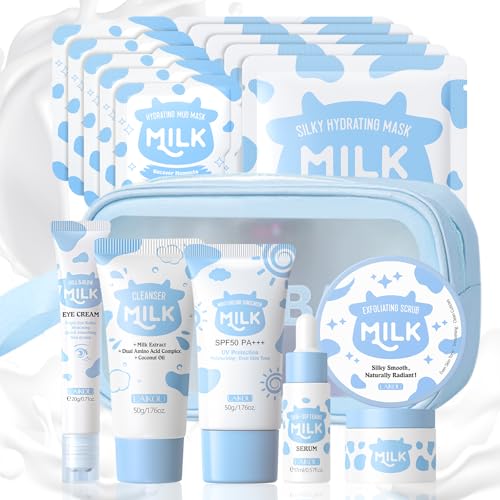 LAIKOU Set de Cuidado Facial Leche, 8 Piezas Skincare Kit Pack Regalo Mujer, con Limpiador, Exfoliante, Protector Solar, Contorno Ojos, Mascarilla de Arcilla, Sérum, Crema, Mascarilla Hidratante