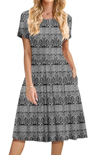 Image of DB MOON Women Summer Casual Short Sleeve Dresses Empire Waist Dress with Pockets