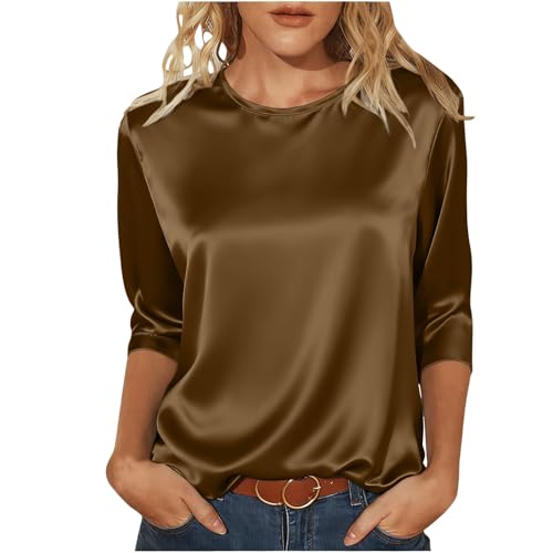 Satin Silk Tops for Women 3/4 Length Sleeve Dressy Casual