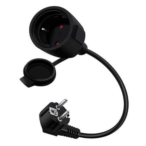 HuaLiSiJi Schuko Verl&auml;ngerung Kurz 90 Grad Schutzkontakt Verl&auml;ngerungskabel 16A /250V Kurze Kabel 2 AC f&uuml;r IP44 Steckdose f&uuml;r Au&szlig;en-Oder Innenbereich, Zuhause, B&uuml;ro (Schwarz, 0.5m)