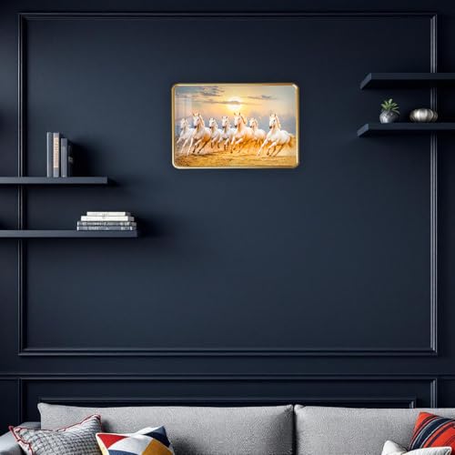 Image of Dharvika Innovations 7 Running Horses Photo Frame, Ultra High Gloss Lamination, Vastu Painting for Living Room, Office, 12x18 Inch (Design 15)