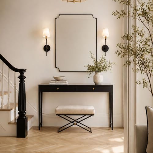 Image of TEHOME 30x40'' Black Vanity Mirror for Bathroom, Matt Black Scalloped Framed Bathroom Vanity Mirror