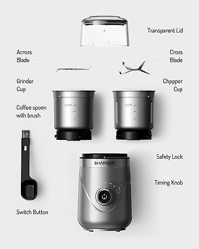 SHARDOR Adjustable Coffee Grinder Electric, Herb Grinder, Spice Grinder, Coffee Bean Grinder, Espresso Grinder with 2 Removable Stainless Steel Wet and Dry Bowl, Silver