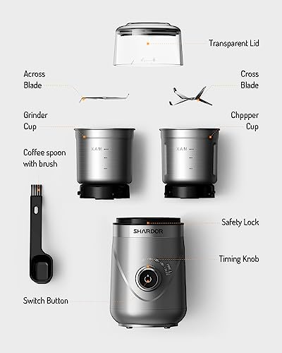 SHARDOR Adjustable Coffee Grinder Electric, Herb Grinder, Spice Grinder, Coffee Bean Grinder, Espresso Grinder with 2 Removable Stainless Steel Wet and Dry Bowl, Silver