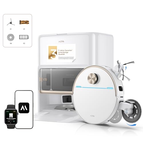 Mova V70 Ultra Complete X Saugroboter, MaxiReachX-Doppelverlängerung Seitenbürste & Mopp, 40.000 Pa Saugkraft, 15N Abwärtsdruck & 300 U/min Wischen, 9 cm Hindernisüberwindung, EcoCyclone-Staubbehälter