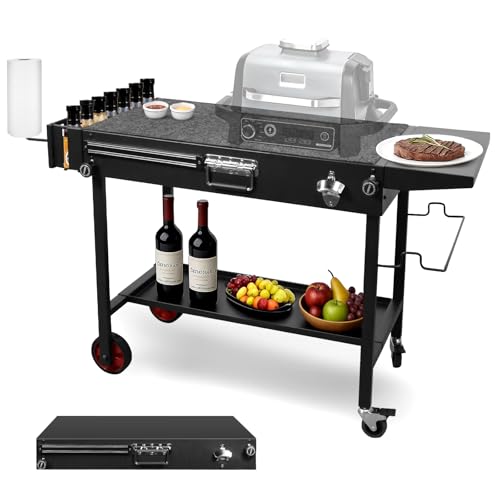 Grillwagen mit 2 Etagen & Ausziehbarer Platte - Robuster Servierwagen für Garten mit 6 Zubehörteilen: Klappregal, Haken, Flaschenöffner, Magnetleiste,Schwarzer Grilltisch für Pizzaofen 110x43x70 cm