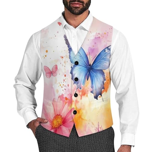 Watercolor Butterfly Daisy Flowers Mens Suit Vests V-Neck Casual Vest Dress Formal Tuxedo Wedding Waistcoat