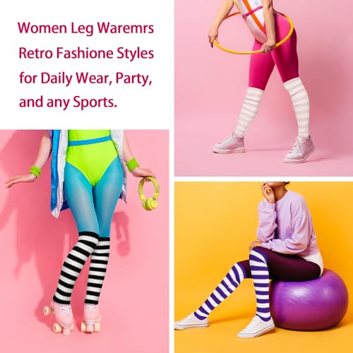 Image of Benefeet Striped Leg Warmers for Women & Girls - Ribbed Knit Soft Colorful Long Warmers for 80s 90s Dance Party