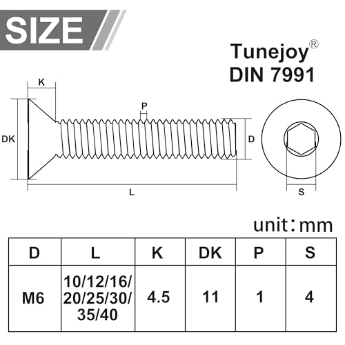 Tunejoy 30 Stück Senkkopfschrauben M6 x 30 mm Senkschrauben Edelstahl A2 V2A Senkkopf Innensechskant DIN 7991 Vollgewinde mit Inbusschlüssel