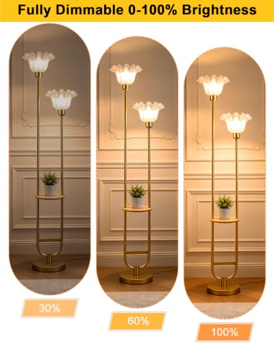 Image of Flower Floor Lamps with Table, 2-Lights Dimmable Floral Floor Lamp, 3000K Warmwhite Modern Floor Lamp, Vintage Gold Standing Lamp with 5Lbs Heavy Base for Living Room Bedroom Girls Room