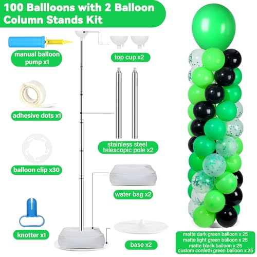 Image of 2 Sets Green and Black Balloon Column Stand Kit with 102 Balloons Adjustable Balloon Tower Stand with Bases for Floor Confetti Balloons Column Kit for Graduation Birthday Appreciation Party Decor