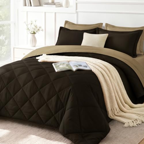 Image of downluxe 7 Pieces King Comforter Set with Sheets, Reversible Bed in a Bag for All Seasons with Comforter, Flat Sheet, Fitted Sheet, 2 Pillowcases and 2 Pillow Shams, Brown /Tan
