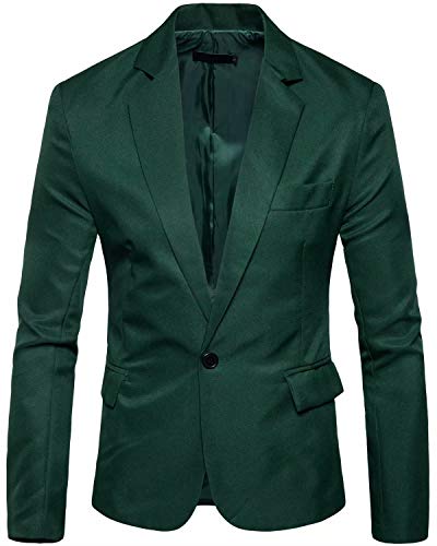 Men's Long Sleeves Peak Lapel Collar One Button Slim Fit Sport Coat Blazer, Deep Green, 38 = (Tag XL)