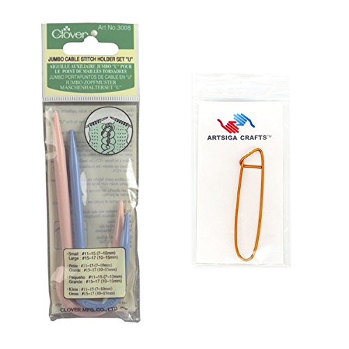Clover Needlecraft Jumbo U Cable Stitch Holders 4.5 inch 2/Pkg Medium and Large Bundle with 1 Artsiga Crafts Stitch Holder 3008