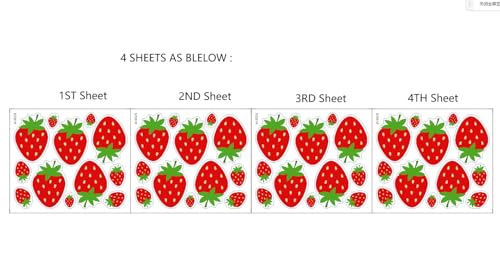 4 Sheets Large Strawberry Decals for Backdrop,Cups,Glass,Strawberry Wall Decals Peel and Stick,Cute Strawberry Wall Stickers for Kitchen,Stawberry Stickers Wall Decal
