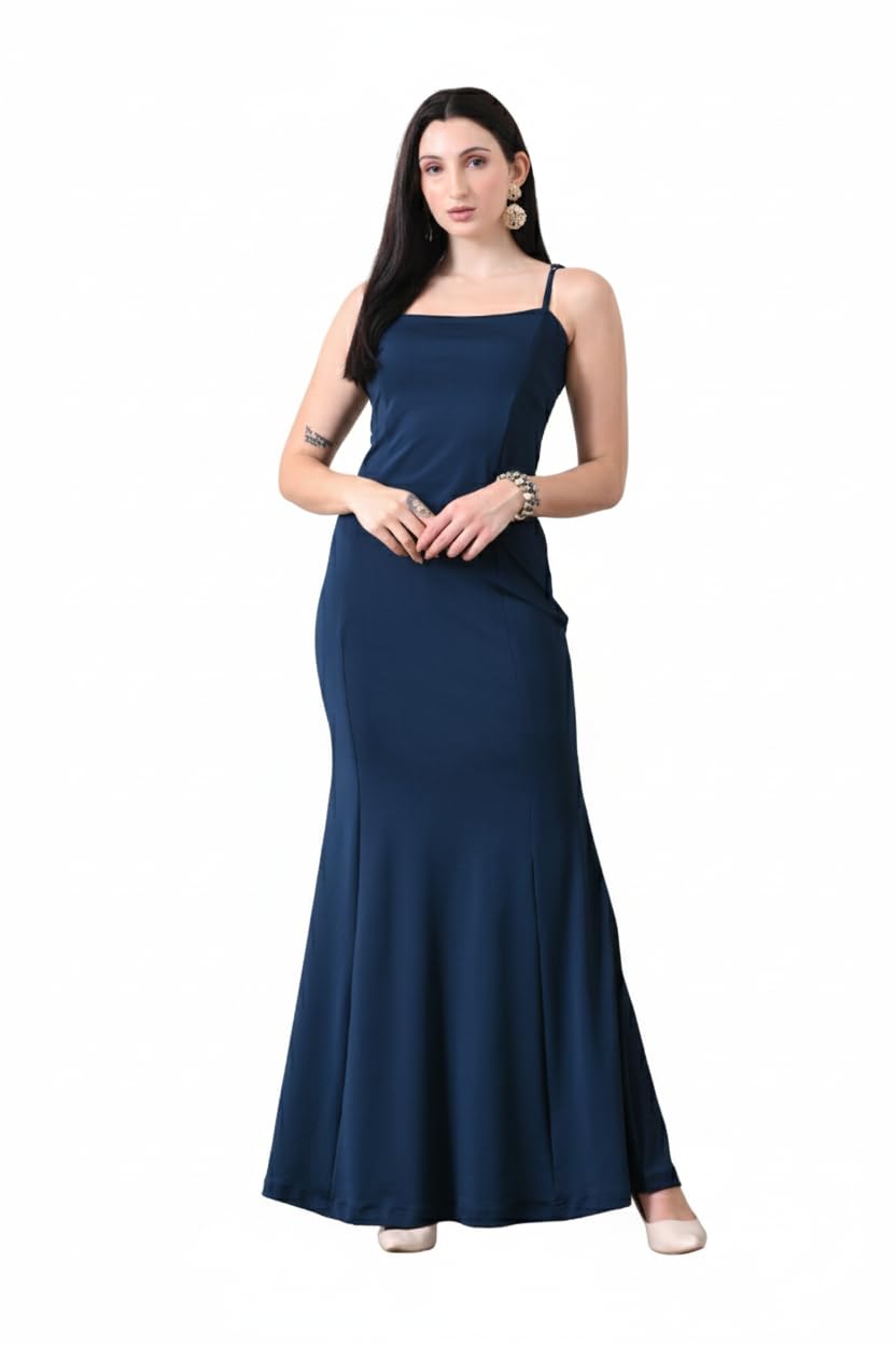 v&m Women's Navy Blue Solid Spaghetti Top & Maxi Skirt Co-Ord Set-picture-30