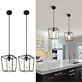 PAKOKULA 2 Pack Black Pendant Light Fixture 1-Light Farmhouse Pendant Lights Kitchen Island Lantern Iron Cage Hanging Lights with Clear Glass Shade for Entryway Dining Room Hallway Porch