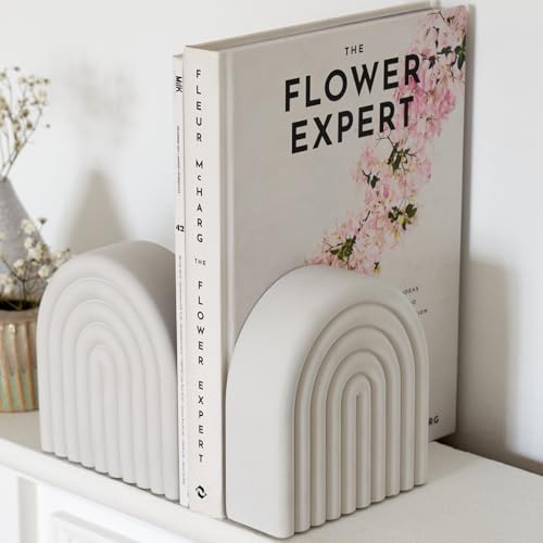 Decorative Concrete Bookends for Heavy Books – Stylish Set of 2, Ideal for Any Bookshelf – Aesthetic Book Holder/Stopper with Anti-Slip Pads for Chic Home, Office, or Library Decor
