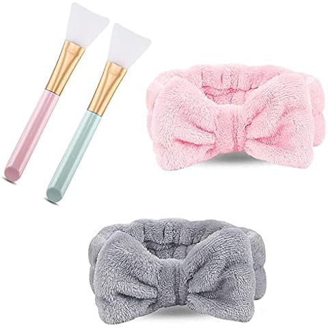 Spa Headband,2 Pack Bowknot Hair Bands With 2 Silicone Face Mask Brush,Makeup Headbands ,for Women Girls Washing Face Shower Sports Beauty Skincare(Gray,Pink) Cover