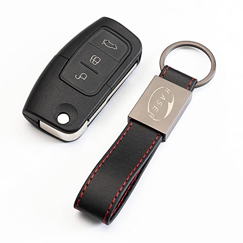 Coque Clé Télécommande Plip 3 Boutons pour Ford Focus Mondeo Fusion Fiesta Ka Kuga S-Max C avec Porte-Clés en Cuir KASER
