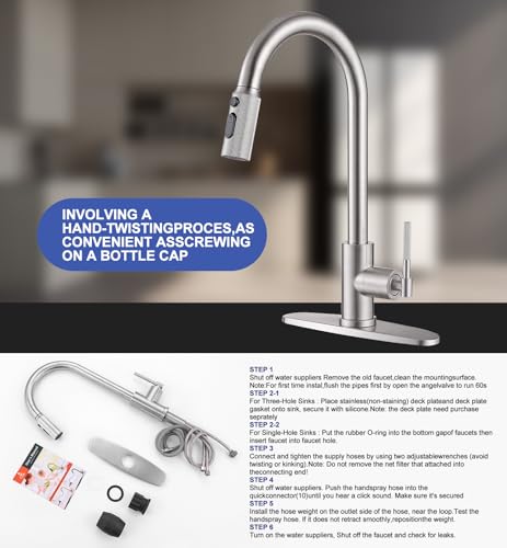 Image of Kitchen Faucet with Pull Down Sprayer, Brushed Nickel Stainless Steel Single Handle Kitchen Sink Faucet with 10 inch Deck Plate, 3 Spray Modes, RV Kitchen Faucet for Camper, Outdoor