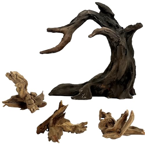 Obantrsz Aquarium Driftwood Decor Set, 1 Anubias Model & 3 Small 2-4' Wood