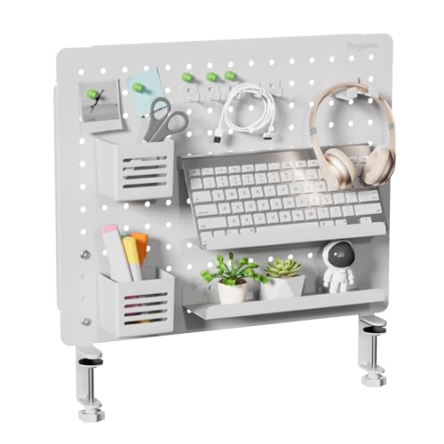 Image of PEGZONE Clamp on Desk Pegboard, 20.4 inch x 16.5 inch, with 15 Accessories, White | Magnetic Metal Peg Board, Desk Organizer for Office Gaming Home, Privacy Panel, Large