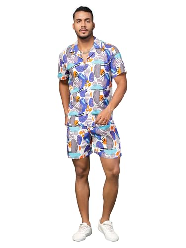 Image of Rigo Printed Co-Ord Set for Men | Casual Shirt & Shorts Night Suit Set | Lounge-wear Nightdress Pajama Set for Mens & Boys | Night Wear, Beach Wear, Vacation Wear Outfit White