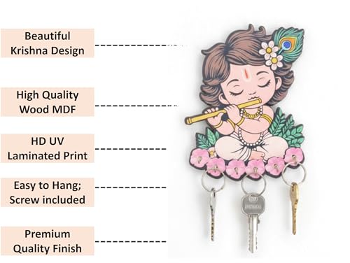 Image of Cute Krishna Wall-Mounted Key Holder, Peacock Feather & Floral Art, 20x25 cm, 7 Hooks, Pink UV Printed Design, Decorative Key Stand - Home & Office