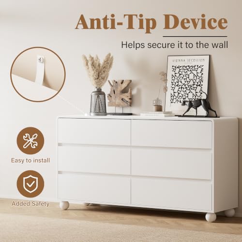 Image of Furniway Modern 6 Drawer Dresser for Bedroom, White Dresser with Curved Profile Design, Minimalist Wood Chest of Drawers for Bedroom, Living Room, Hallway Entryway