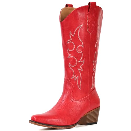 Image of IUV Cowboy Boots For Women Western Cowgirl Boots Mid Calf Snip Toe Boot With Chunky Heel