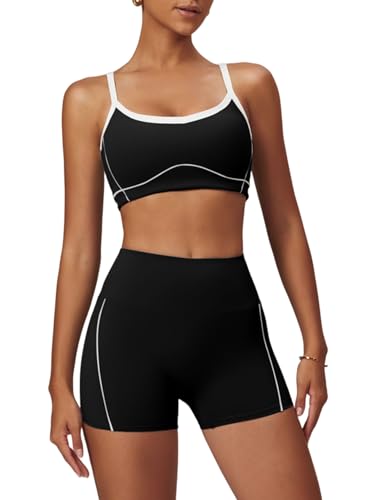 Two Piece Women Workout Sets Color Block Sports Bra and Scrunch Butt Lifting Shorts Gym Yoga Active Wear Outfits