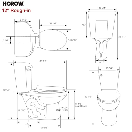 HOROW 17 Inch Tall Toilet, Two-Piece Round Toilet with ADA Comfort Chair Height Seat, Powerful 1.28 GPF Single Flush Toilet for Bathroom, 12" Rough In High Toilet for Seniors, White Toilet Bowl - Image 5