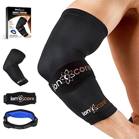 ionocore® Elbow Support Protection System | Copper Compression Sleeve & Tennis Elbow Support Strap | Tennis Elbow, Golfers Elbow, Pain Relief | Joint & Forearm Protection | LARGE: 12.5" - 14" Cover