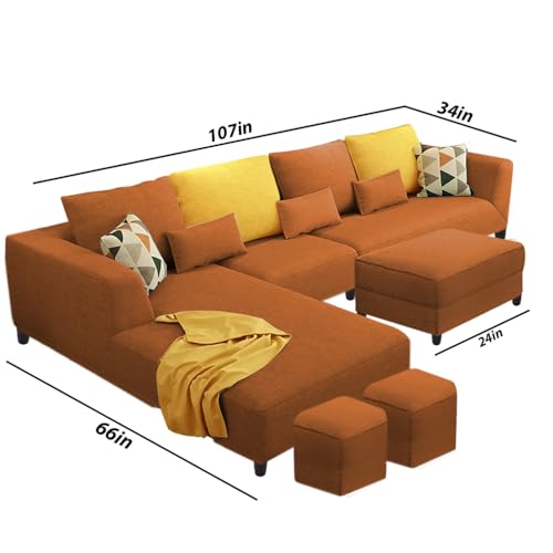 Image of Casaliving Minta LHS 8 Seater L Shape Sofa Set with Ottoman & 2 Puffy for Living Room (Orange - Colour Fabric) Premium Fabric Sofa Set ForLiving Room | Hall