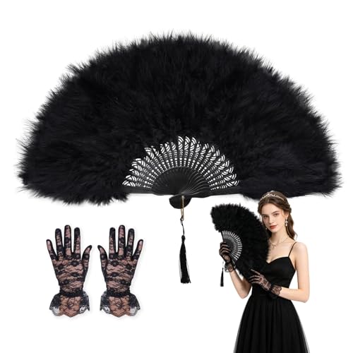 LYQOJN Feather Hand Fan 1920s Vintage Style Flapper Hand Fan for Gatsby Party Dancing and Party Decorations (Black)