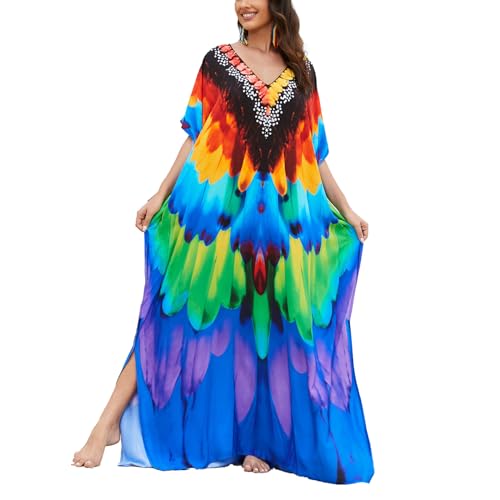 Image of sunforyou Kaftan Dresses for Women Plus Size Lightweight Swimsuit Cover up Batwing Sleeve Print Loungewear Beach Robe
