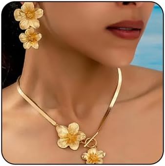 Vintage Flower Necklace Earring Set Gold Snake Chain Necklace Bohemian Red Flowers Choker Necklaces Hypoallergenic Statement Flower Stud Earrings Elegant Bridal Wedding Summer Beach Jewelry
