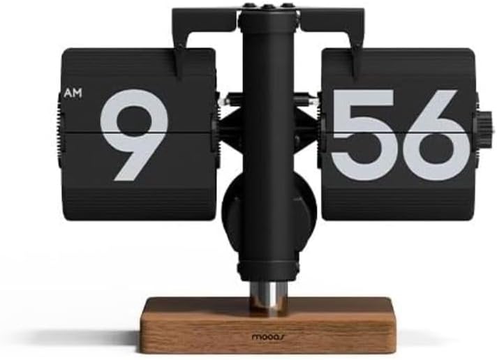 mooasmooas Classic Modern Wood Mini Flip Desk Clock (Black), Retro Vintage Analog Design Auto Flip Clock Table Clock Large Number Battery Powered, Ideal for Home Office School Hotel Café