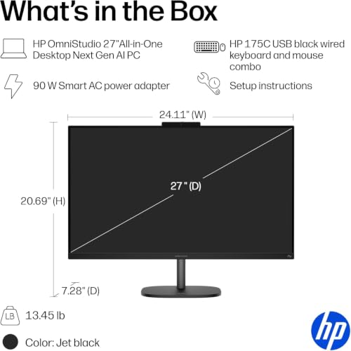 Image of HP OmniStudio Next Gen AI 27 All‑in‑One Desktop, 27 inch FHD 120Hz IPS Display, AMD Ryzen AI 5 Processor, 16GB DDR5 RAM, 512GB NVMe SSD, Windows 11 Home, Jet Black