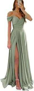 Women's Off The Shoulder Bridesmaid Dresses with Slit Satin Formal Gowns Long Prom Evening Party Dress with Pockets - Buy now