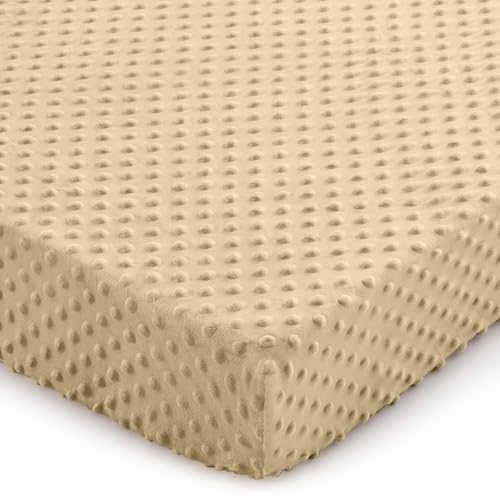 Image of Entisn Pack N Play Sheets Fitted, 26 x 38 Inch Minky Dot Mini Crib Sheet for Boys and Girls, Soft and Warm Fleece Nursery Bedding for Most Mini Crib Mattresses (Beige)