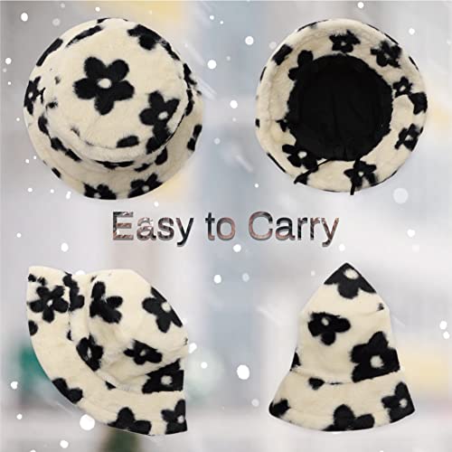 Image of Bucket Hat Women Furry Fuzzy Bucket Hats for Ladies, Winter Warm Fluffy Plush Faux Fur Hat for Women