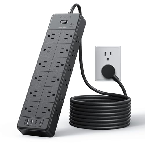 Large Power Strip Surge Protector, NTONPOWER 10FT Extension Cord with 24 AC Outlets 4 USB, 1875W/15A, 4000 Joules Flat Plug Power Extender for Home, Office, Dorm, Gaming Room, Black