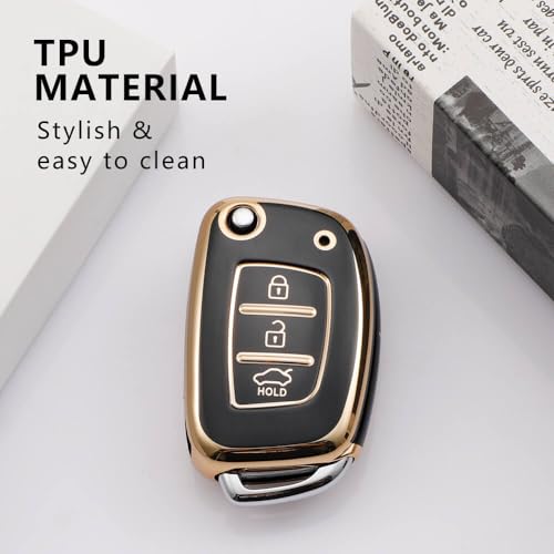 Image of AUTODIFYA TPU Car Key Cover Black & Golden Compatible for Hyundai Creta, I10 Grand Nios, I20 Elite, I20 (2020), Aura, Venue, I20 Active, Xcent (HYUNDAI, 3 Button Flip Key New)