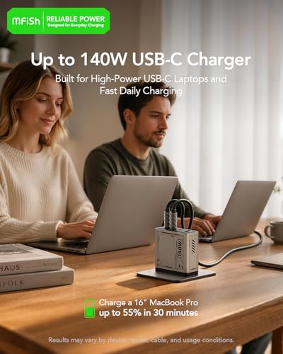Image of Mfish E-Rhino 140W USB-C Charger, True PD 3.1 GaN Fast Charger, 4-Port (3 USB-C + 1 USB-A) Foldable Plug Power Adapter for MacBook Pro 16 inch, iPhone 17 /16, iPad, Galaxy, Tablet, Laptop, Grey
