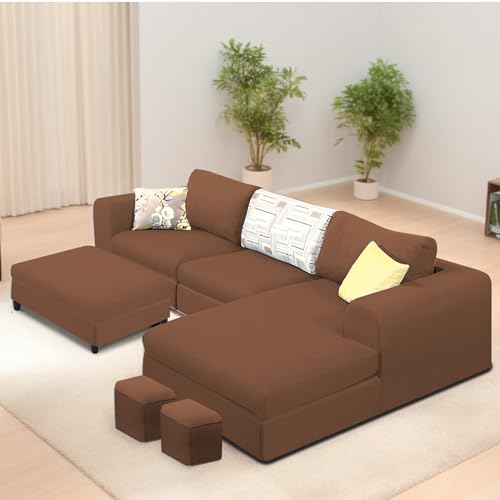 Image of Koza RHS 4 Seater L Shape Sofa Set with Center Table for Living Room (Brown Fabric) Premium Fabric Sofa