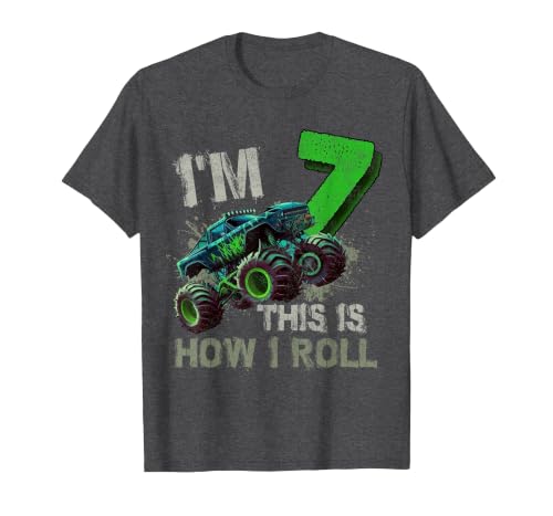 I'm 7 This is How I Roll Monster Truck Birthday 7 Years Old T-Shirt, Men, Dark Heather Grey, X-Large